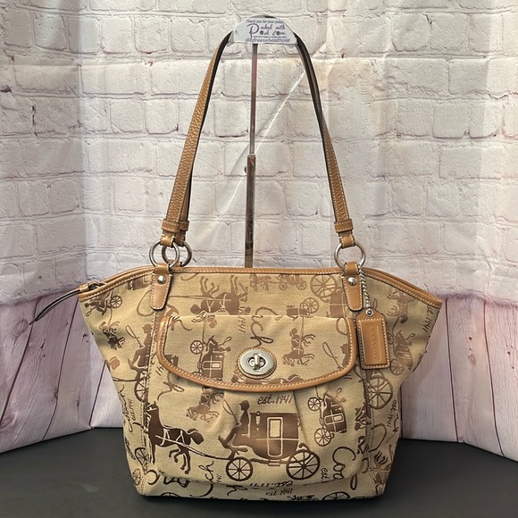 Coach Handbags - Coach Horse & Carriage Brown Fabric Leather Handbag Shoulder Bag F14665 16x11x4”